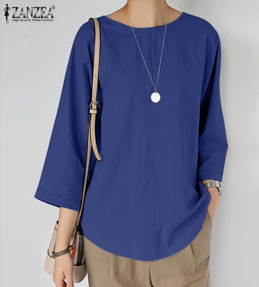 Classy o neck cotton clothes For Women Tops blue patchwork striped blouse fall main image 0