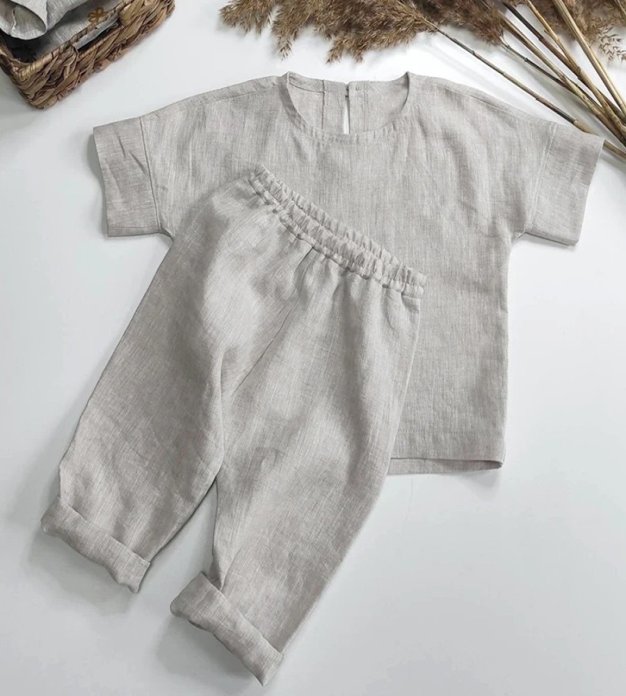 Retro Brick Red Cotton And Linen Girls Suit Spring Summer  Sleeve Tops Straight Pants 2pcs Sets